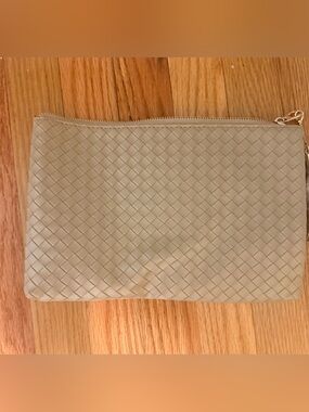 Woven Leather Zip Clutch - Cream